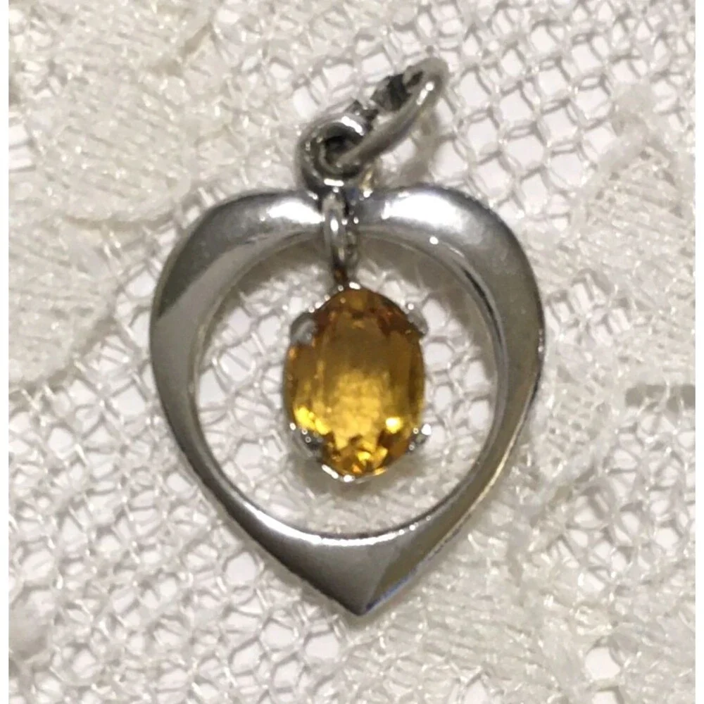 Vintage Citrine Gemstone Sterling Silver Heart Pendant / Charm